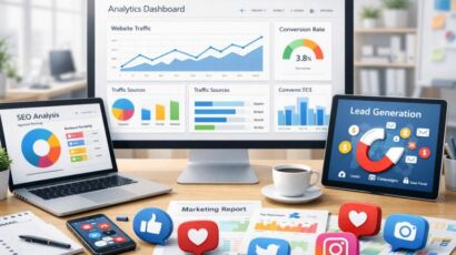 Modern digital marketing workspace with analytics dashboards, SEO charts.