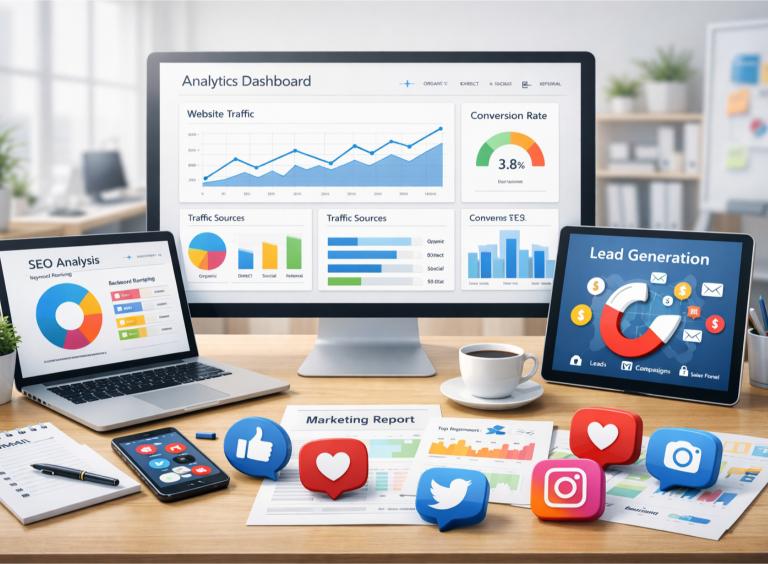 Digital-Marketing Modern digital marketing workspace with analytics dashboards, SEO charts.