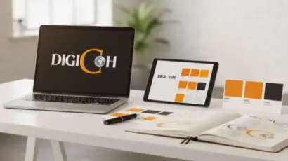 A modern creative workspace with branding elements such as logo sketches, color palettes, typography samples, and digital design tools displayed on a clean desk, minimal style, professional lighting