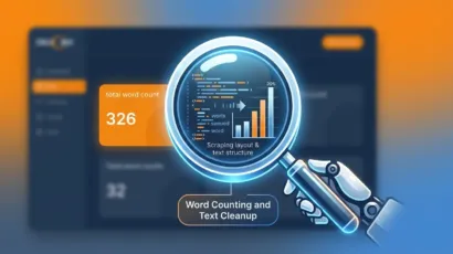 A detailed close-up panel illustration visualizing the deep text scraping and cleanup process of the blog views checker tool.