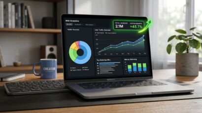 A laptop screen displaying how to check blog views online free using a traffic tracker dashboard.