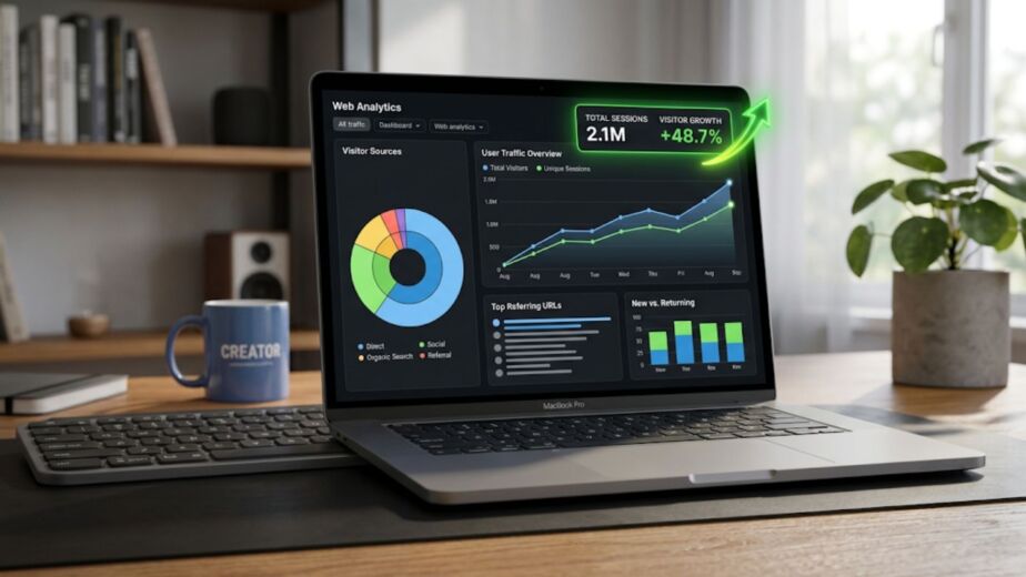 A laptop screen displaying how to check blog views online free using a traffic tracker dashboard.