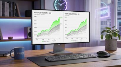 A laptop screen showing how to check competitor blog traffic metrics and top performing posts.