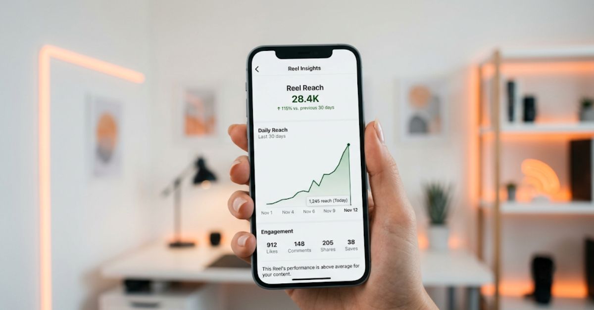 Smartphone showing video performance metrics from an Instagram reel views booster tool.