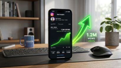A smartphone showing analytics for Instagram reels stuck at 50 views turning into high view velocity.