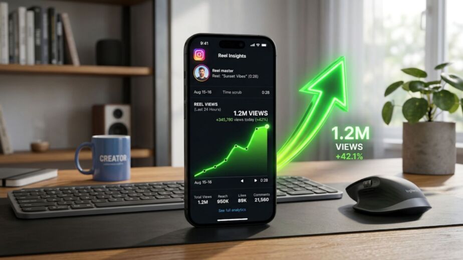 A smartphone showing analytics for Instagram reels stuck at 50 views turning into high view velocity.