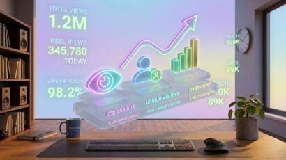 An isometric graphic illustrating blog views vs unique visitors and impressions breakdown.
