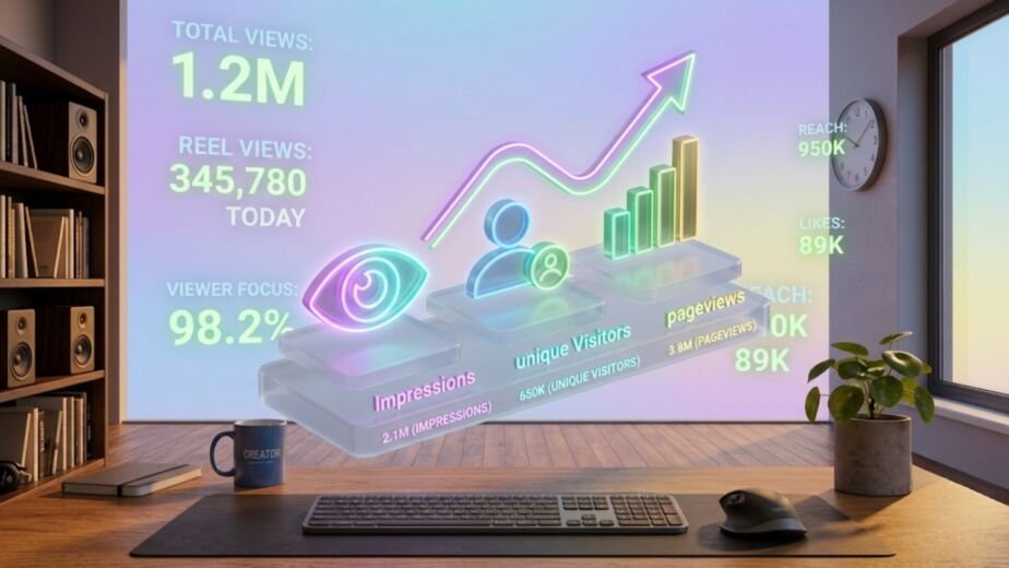 An isometric graphic illustrating blog views vs unique visitors and impressions breakdown.