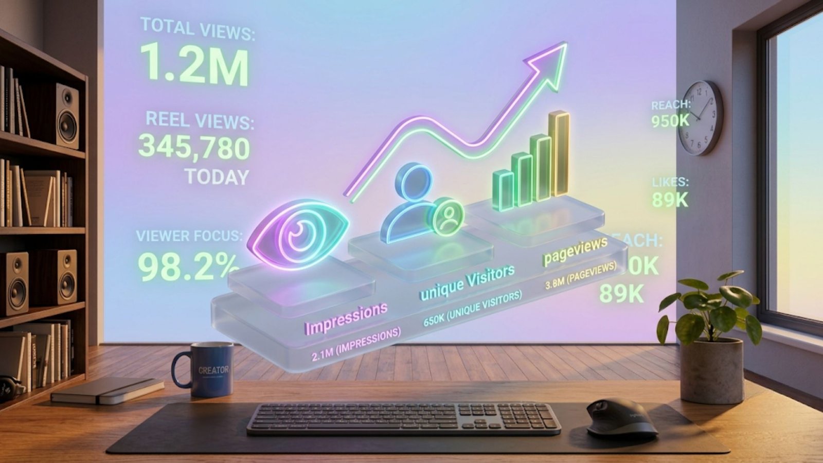 An isometric graphic illustrating blog views vs unique visitors and impressions breakdown.