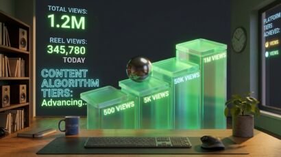 A glowing 3D diagram illustrating instagram reel test batches views and algorithm tier distribution.