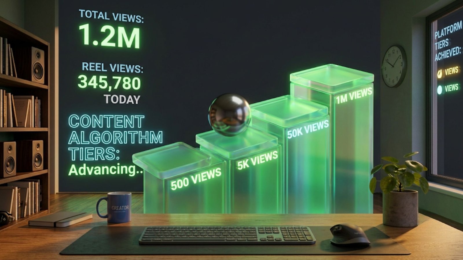A glowing 3D diagram illustrating instagram reel test batches views and algorithm tier distribution.