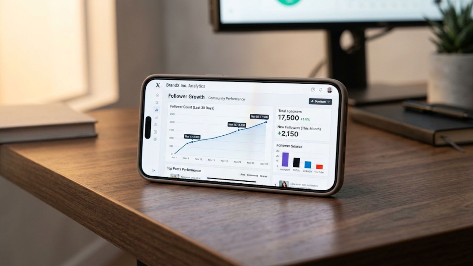 dashboard showing 100 free instagram followers daily growth metrics on phone display